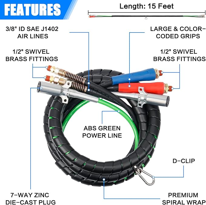 15ft 3 in 1 ABS & Power Air Hose Kit, Wrap 7 Way Electric Line Rubber Air Lines for Tractor Trailer Semi Truck