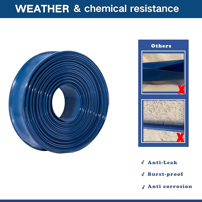 Eastrans 2''x50ft Pool Backwash Hose,Heavy Duty Discharge Lay Flat Hose for Swimming Pool, Drain Hoses with Hose Clamp