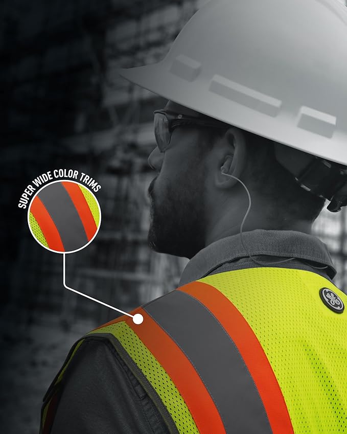 GE Multi-Functional Safety Vest Expandable 5-Point Breakaway High Visibility with Zipper Pockets, Class 2