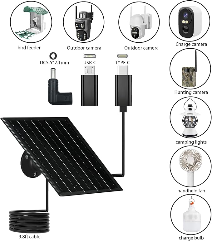 6W 5V Solar Panels for Security Cameras Type-C Micro USB C DC Port Solar Panel 5V Compatible with Recharged Battery Cameras Outdoor IP65 Waterproof 360° Adjustable Mount 9.8ft Cable 1 Black