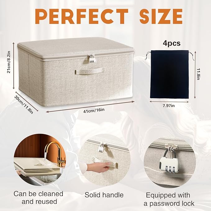 Locking Adult Game Toy Storage Organizer Lock Box Toy Storage Bins Women and Men Game Toys Storage Bags with 4 Drawstring Bags, Large capacity 16 x 11.8 x 8.2 Inches (Off White)