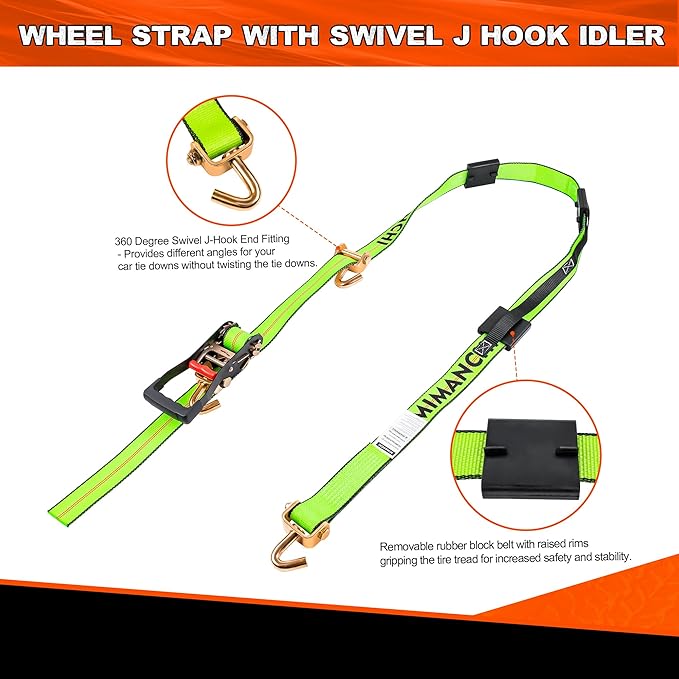 2" x 10'Car Hauler Straps,4Pack,Wheel Strap with Swivel J Hook Idler,Ratchet,Tire Tie Down Straps with 3 Rubber Blocks Use for Car, Truck, ATV, Heavy Duty Vehicle Trailer Tie Down Kit