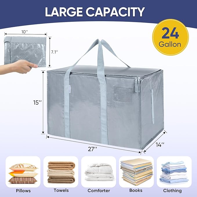 TICONN 8 Pack Extra Large Moving Bags with Zippers & Carrying Handles, Heavy-Duty Storage Tote Moving Boxes for Space Saving (8 Pack, Light Grey)