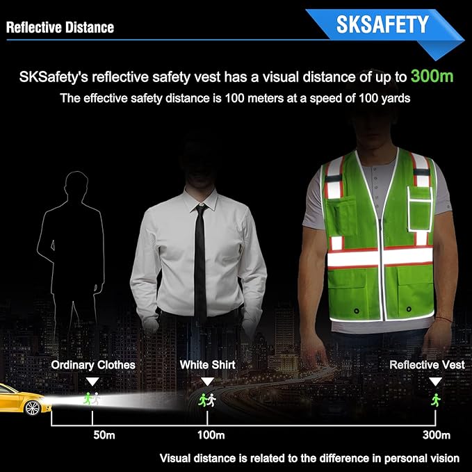 SKSAFETY 10 Pockets Safety Vest, Class 2 High Visibility Security with Zipper Double-sided mesh, Hi Vis Vest with Reflective Strips, ANSI/ISEA Standard, Construction Work Vest （Lime, 5XL）