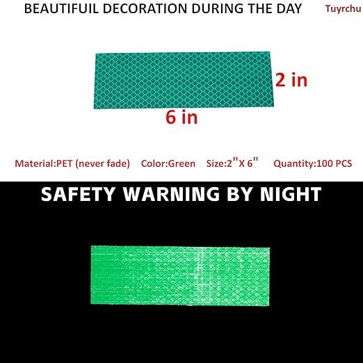 Non Fading Green Reflective Stickers 2 inch X 6 inch, Outdoor Waterproof High Visibility Warning Safety Adhesive Reflector Tape (100 Pcs)