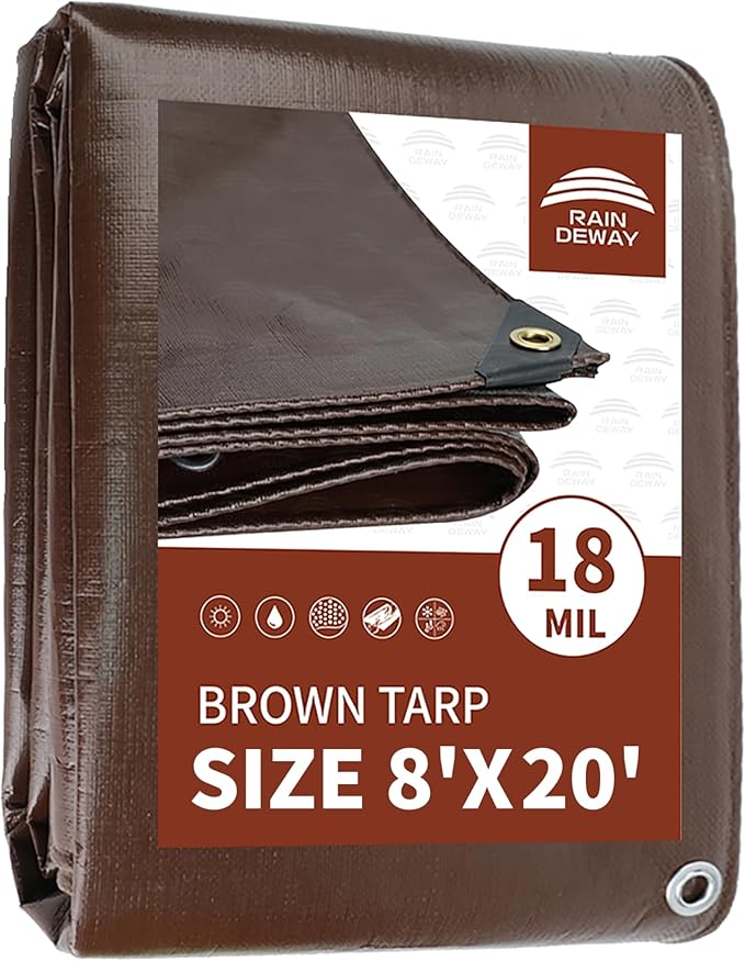 RAINDEWAY 8x20 Feet Super Heavy Duty Tarp 18 Mil,UV Resistant, Weatherproof, Multipurpose Waterproof Poly Tarp Cover with Grommets and Reinforced Edges,Brown Tarps