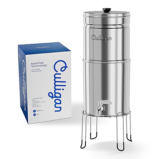 Culligan MaxClear 2.25 Gallon Gravity Water Filter System, Polished Stainless-Steel Countertop Water Filter NSF/ANSI Certified to Reduce Microplastics, Lead & Total PFAS, with 4 Ceramic Filters