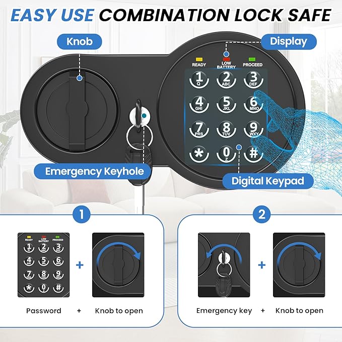 0.5 Cu ft Small Safe Box with Fireproof Waterproof Bag, Home Safe with Keys & Pass Code & Wall Mount Kits, Money Safe with Smart Alert System for Money, Jewelry, and Documents, 12.1''W×7.8''D×7.8''H