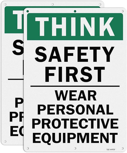 T&R Large Think Safety First Sign Wear Personal Protective Equipment - 2 Pack - 14 x 10 Inches Rust Free .040 Aluminum Reflective - UV Protected, Waterproof and Fade Resistant - 6 Pre-drilled Holes