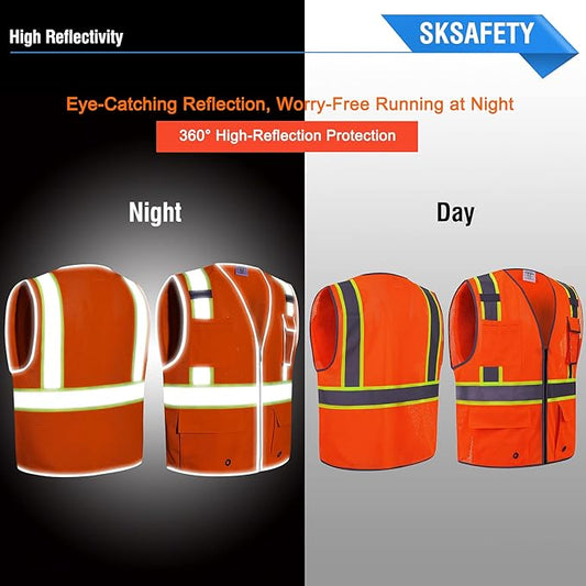 SKSAFETY 10 Pockets Safety Vest, Class 2 High Visibility Security with Zipper Double-sided mesh, Hi Vis Vest with Reflective Strips, ANSI/ISEA Standard, Construction Work Vest （Orange, 3XL）