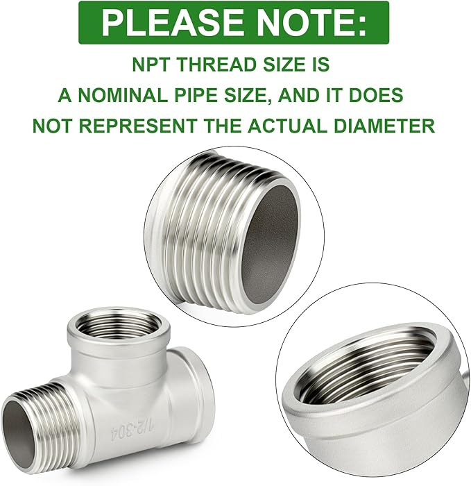 TAISHER 2PCS 304 Stainless Steel Tee Pipe Fittings, 1/2" NPT Female x 1/2" NPT Female x 1/2" NPT Male Pipe Fittings, Male Run Tee