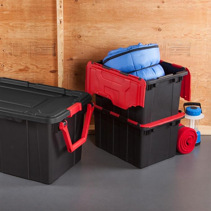 Sterilite 12-Pack 12 Gallon Hinged Lid Industrial Tote, Heavy-Duty Plastic Organizer - Stackable Multipurpose Home Storage Bins with Contoured Handles for Garage, Basement or Attic Organization