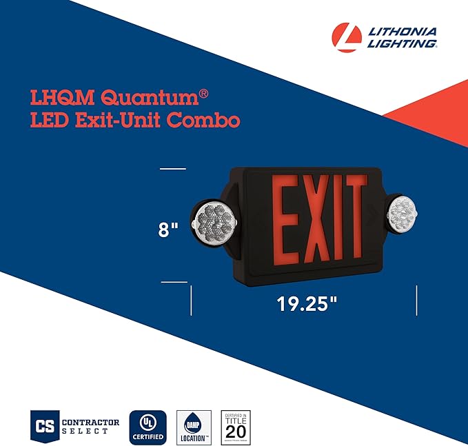 Lithonia Lighting LHQM Quantum LED Exit Sign/Emergency Light Combo, Exit Sign and Emergency Lights for Business, 2-Head Fixture, Red Letters, 180 Lumens, MVolt, 4 Watts, Black