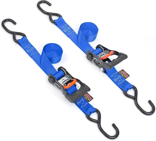PowerTye 1.5in x 7ft Ergonomic Locking Ratchet Straps with Heavy-Duty S-Hooks - Made in USA - 1,000 lb. Working Load Limit / 3,000 lb. Breaking Strength - Blue (Pair)