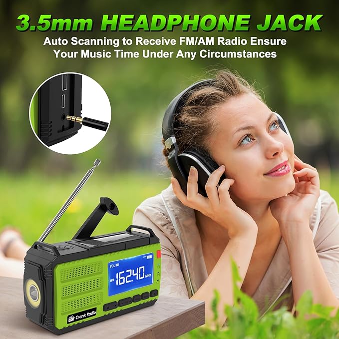 Emergency Weather Radio, Solar Hand Crank Radio AM/FM NOAA 37000mWh, Weather Alert Radio with 3 Mode Flashlight, Reading Lamp, SOS Alarm, Compass, Headphone Jack for Home Camping Emergency (Green)