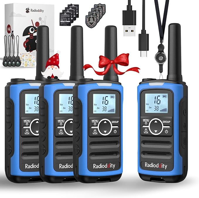 Radioddity FS-T8 Walkie Talkies for Adults Kids Rechargeable, FRS Licence-Free Two Way Radio Long Range with Group Call, VOX, NOAA, 2000mAh Battery, Flashlight, USB-C, Hiking Winter Camp, 4 Pack