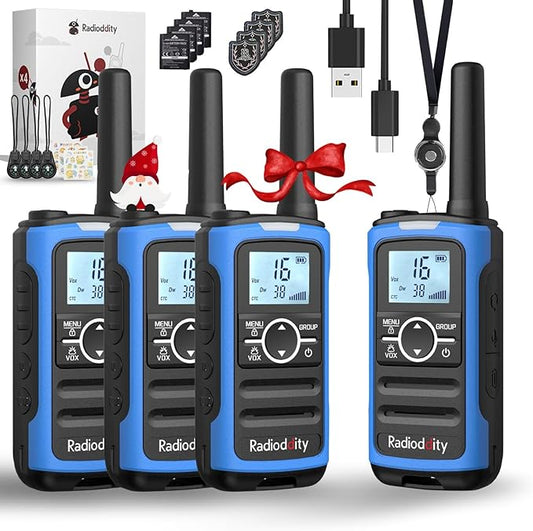 Radioddity FS-T8 Walkie Talkies for Adults Kids Rechargeable, FRS Licence-Free Two Way Radio Long Range with Group Call, VOX, NOAA, 2000mAh Battery, Flashlight, USB-C, Hiking Winter Camp, 4 Pack