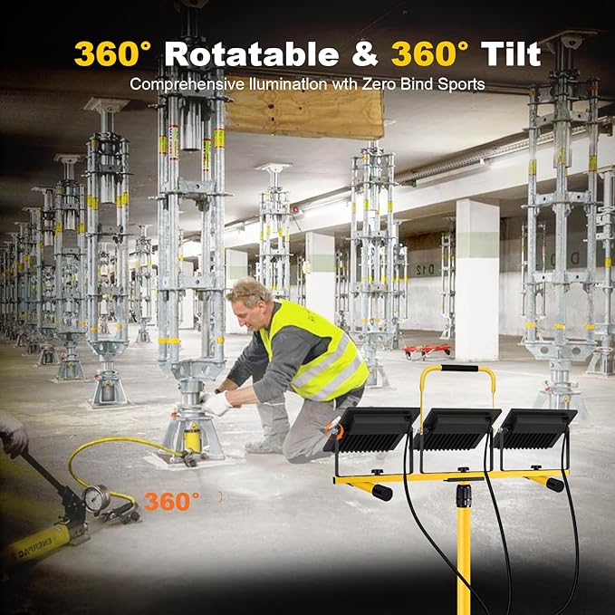 54000 Lumen Work Lights with Stand Led Triod Light 3 Adjustable Head with 16FT Cord - IP67 Waterproof LED Work Lights with Stand for Outdoor Indoor Job Site Workshop Garage Construction Site Lighting