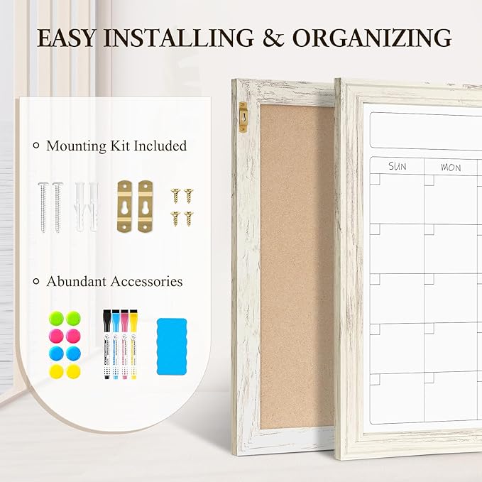 4 THOUGHT Whiteboard Calendar 36" x 24" Magnetic Dry Erase Board Wood Frame Wall-Mounted Monthly Planner White Board Decorative Notice Board for Office School Home, White Vintage