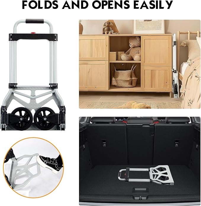 Folding Hand Truck Dolly Cart Portable Foldable Aluminum Luggage Cart Trolley Cart Black Load 260 lbs, with Black Bungee Cord, Telescoping Handle,Solid Aluminium Wheel suspensions, Double Bearings