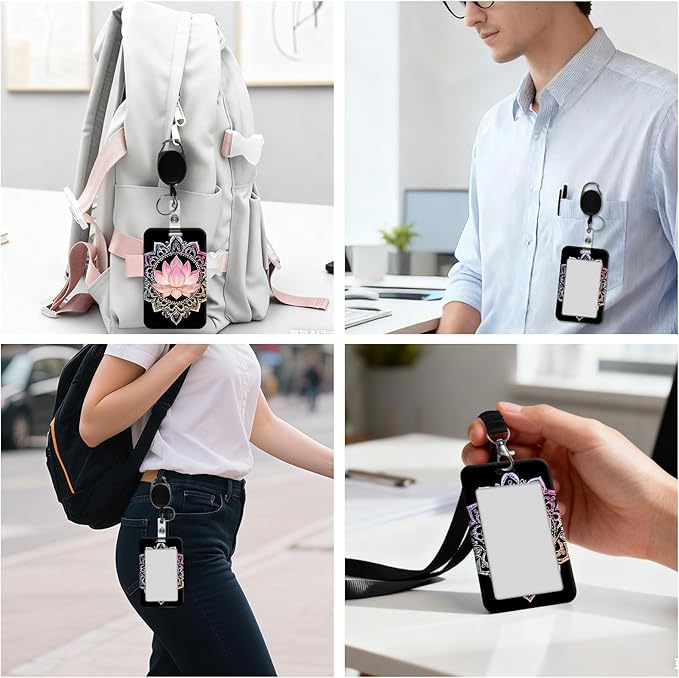 ID Badge Holder with Retractable Lanyard for Women & Men,Vertical ID Card Holder Wallet,Clear Window&Card Slot,Detachable Neck Strap for Nurse Teacher Office,Lotus Flower