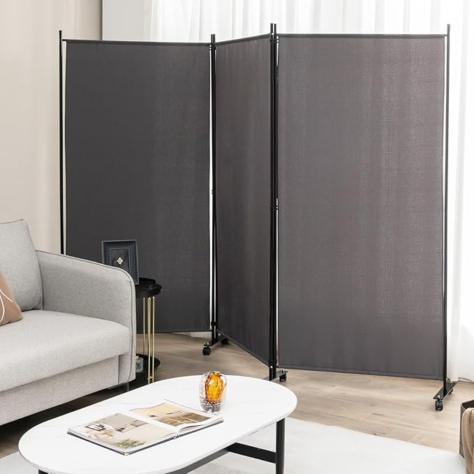 Giantex 3 Panel Room Divider with Wheels, 103''W x 71''H Folding Privacy Screen, Rolling Partition Room Dividers for Home Office Studio, Freestanding Fabric Wall Divider for Room Separation, Gray