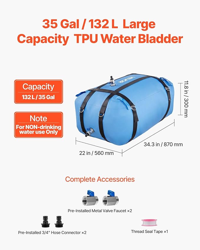 VEVOR Water Storage Bladder, 35 Gallon Large Capacity TPU Soft Water Bag, Portable & Collapsible Water Storage Containers, Leakproof & Wear-Resistant RV Waters Tank for Camping Irrigation Outdoor Use