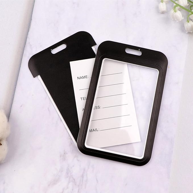 2-Pack Black Card Holder Set, Clear Plastic ID Badge Holder, Top Slot for Lanyard & Keychain, Reusable PVC Card Sleeve for Work Office School Access Card
