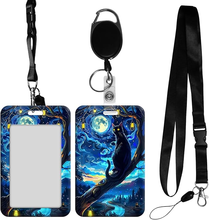 ID Badge Holder with Retractable Lanyard for Women & Men,Vertical ID Card Holder Wallet,Clear Window&Card Slot,Detachable Neck Strap for Nurse Teacher Office,Starry Night Cat