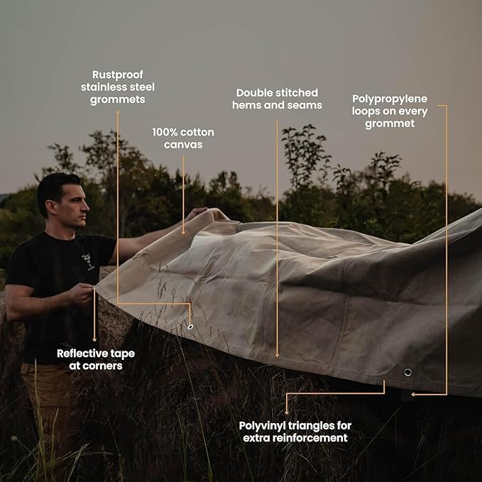 WHITEDUCK Canvas Tarp 18 oz. Heavy Duty Waterproof UV Resistant, Rustproof Grommets, Industrial & Commercial Use Cloth Tarps (Cut Size: 6x8, Finished Size: 5'6"x7'6", Olive Drab)