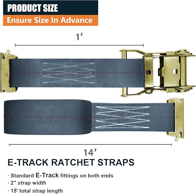 8Pack E-Track Straps Ratchet Etrack Strap Box Truck Strap Tie Down Heavy Duty 2" x15' 4400lbs Breaking Load, 2200 Working Load E-Track Accessories Black
