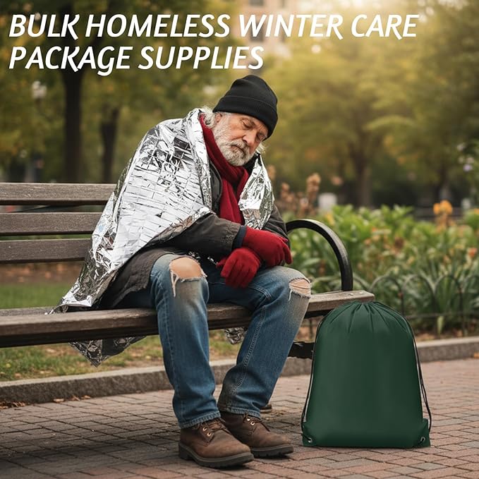 Suhine 72 Pcs Homeless Care Package Supplies Bulk Winter Emergency Blanket Glove Beanies Scarves Sock Drawstring Bag Unisex