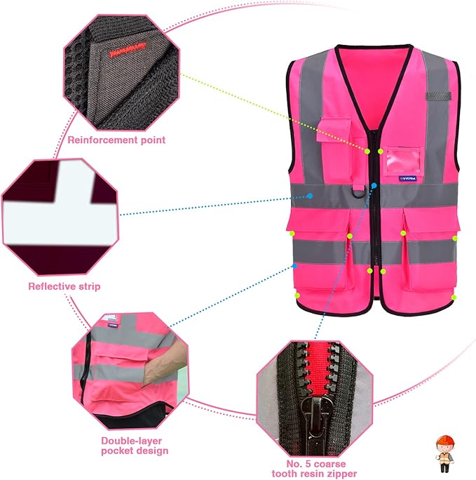 6XL 7XL 8XL Pink Safety Vest with pocket, Pink 6XL-8XL