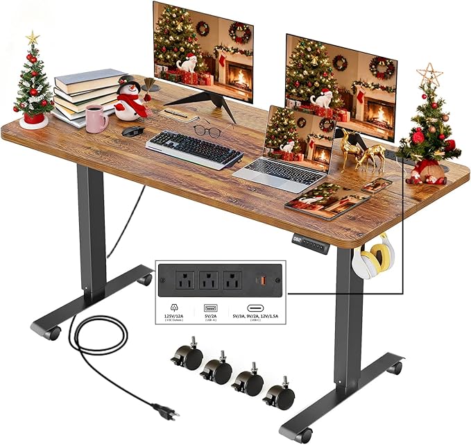 Electric Adjustable Height Standing Desk, 55×24 Inches Sit Stand Desk with Power Socket, 2 USB Ports, 3 Power Outlets, 4 Wheels,4 Memory Buttons Home Office Computer Workstations (Brown)