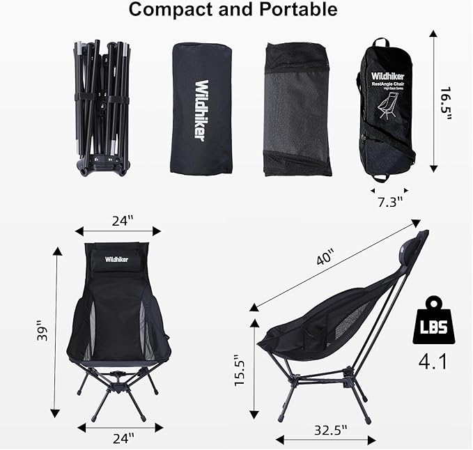 Wildhiker Portable Compact Folding Camping Chairs – Lightweight High Back with Pillow, Deep Recline, ArmPads, Side Pockets-for Motorcycle, RV, Backpacking, Travel, Festival – Black