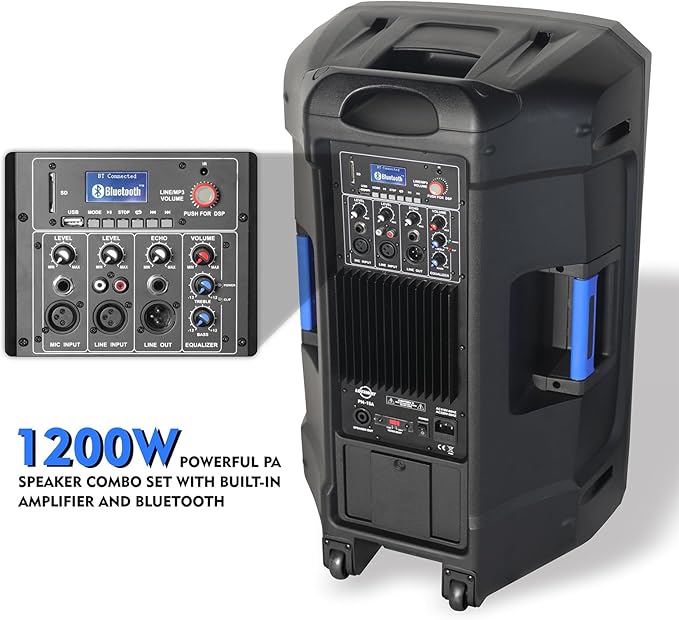 LOTAWAY Portable PA System with Stands 1200W Powered PA Speaker System Set 15" Active+Passive Wireless PA Speakers Pair with Bluetooth for Small Events, DJs, Karaoke (PM-15)