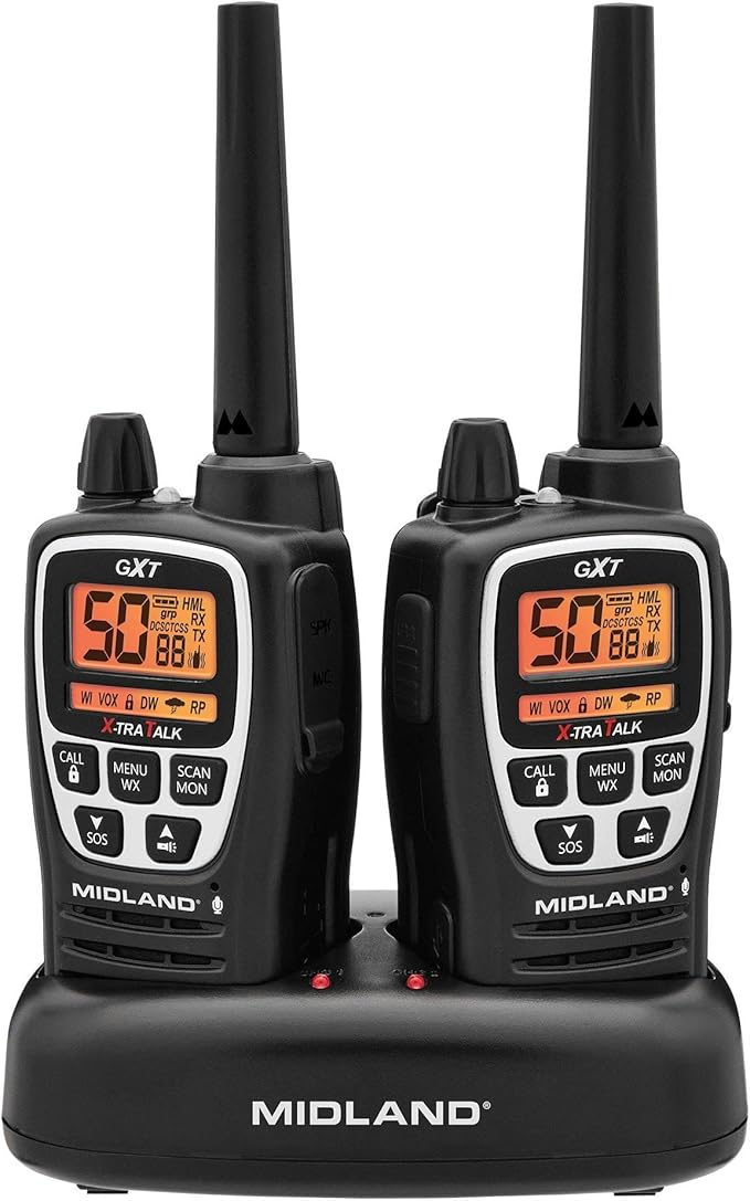 Midland GXT3000 GMRS Two-Way Radio (50-Channel, Repeater Capable, Long Range, 142 Privacy Codes, SOS, NOAA, Rechargeable Lithium Ion Battery, Black/Silver, 2-Pack)