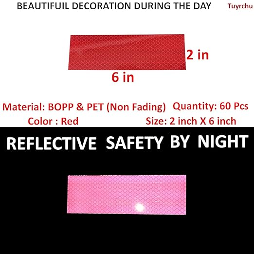 Red Reflective Stickers 2 inch X 6 inch, Outdoor Waterproof High Visibility Warning Safety Adhesive Reflector Tape (60 Pcs)