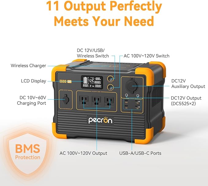 Pecron E600LFP Portable Power Station (2025 New), 614Wh LiFePO4 Battery Backup, 1200W AC Outlet/Max 100W USB-C Output, Solar Generator(Solar Panel Optional) for Camping, Emergency, Home, RV (No UPS)