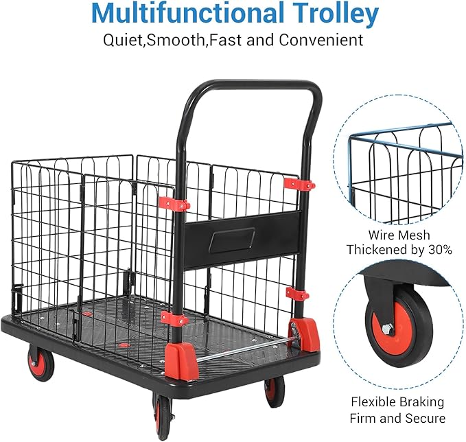 Platform Truck Cart with Cage, 35 * 23 * 20 in 1000LBS Capacity Folding Cart with Wheels,Heavy Duty Hand Moving Cart,Foldable Dolly with Basket for Warehouse Luggage Moving