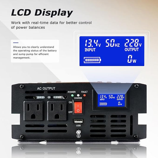 1500W Sump Pump Battery Backup Power System,Basment Protection Sump Pump Inverter with LCD Display and Automatic Battery Backup Switching for Basement Emergency and Power Outage Backup, (Gold)