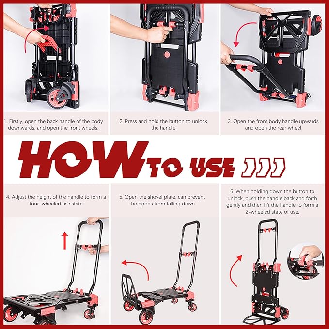 Folding Hand Truck, 2 in 1 Portable Heavy Duty Carrying Moving Dolly Cart with 4 Foldable Wheels and Retractable Handle Duty 330lbs (Red with Folding Basket)