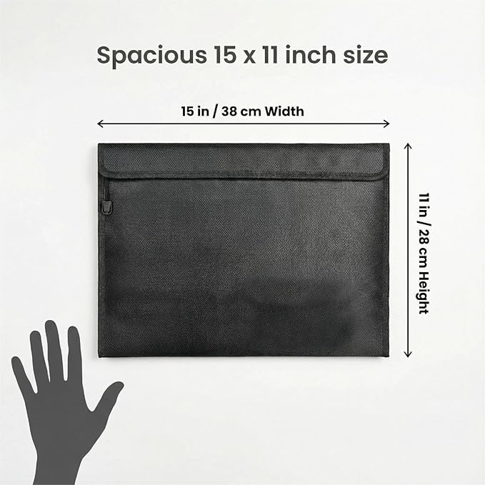 Fireproof Document Bag, Waterproof Storage Pouch with Zipper, 15 x 11 inches, Water and Fire Resistant Safe Envelope for Legal Documents, Valuables, Cash Storage, Black (Black, Horizontal Style)
