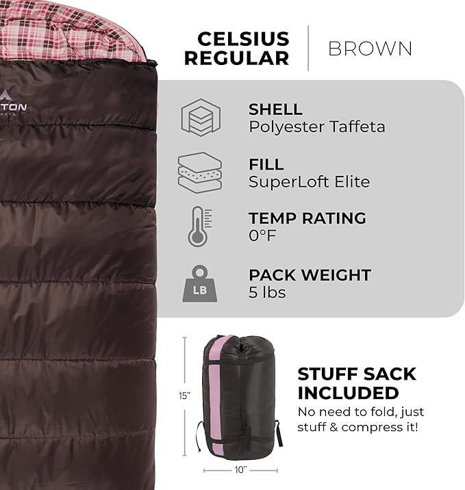Teton Celsius Regular, 25F, 20F, 0F Degree Sleeping Bags, All Weather Bag for Adults and Kids, Camping Made Easy and Warm, Travel Sack Included