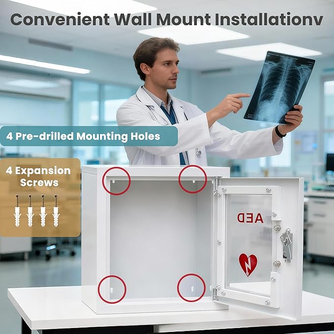 AED Cabinet Wall Mounted, Steel Defibrillator Storage Case with PVC Clear Window, Handle and Snap Lock, AED Defibrillator Cabinet for Home, Hospital 14.2 x 7.8 x 15.7 Inch