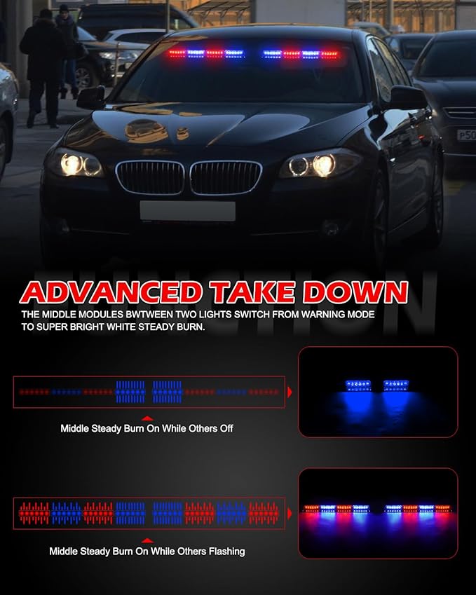 HLauto 604N Emergency Dash Strobe Lights: 2x16.8 inch Red Blue Security Light w/Take Down, 48 LED Safety Flashing Warning Hazard Interior Windshield Light Bar for Trucks Vehicles