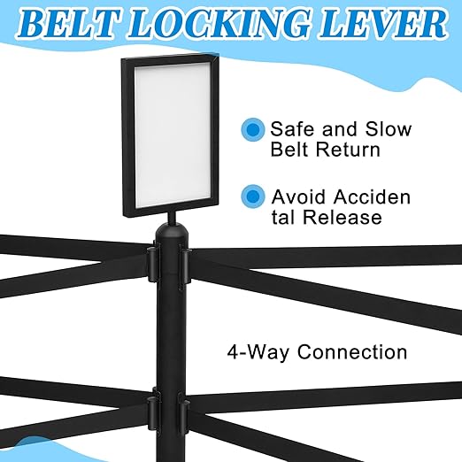 Therwen 6 Pcs Double Retractable Belt Barrier with Stanchion Dual Retractable Safety Belt Heavy Duty Crowd Control Stanchions Stainless Steel Post Holder Safety Barrier Stand (9.8 ft,Black)