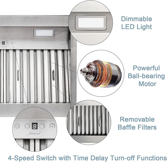 Akicon Range Hood Insert 48 Inch, 1200 CFM Built-in Kitchen Hood with 4 Speeds, Ultra-Quiet Stainless Steel Ducted Vent Hood Insert with Dimmable LED Lights and Dishwasher Safe Filters