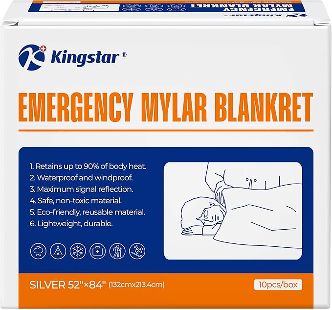 Emergency Blankets 10 Packs, 84" L x 52" W, Bulk Survival Blankets for Disaster Prep & Homeless Care, Heavy-Duty Reusable Mylar Retains Body Heat in Extreme Cold, A Must-Have for Car Kits