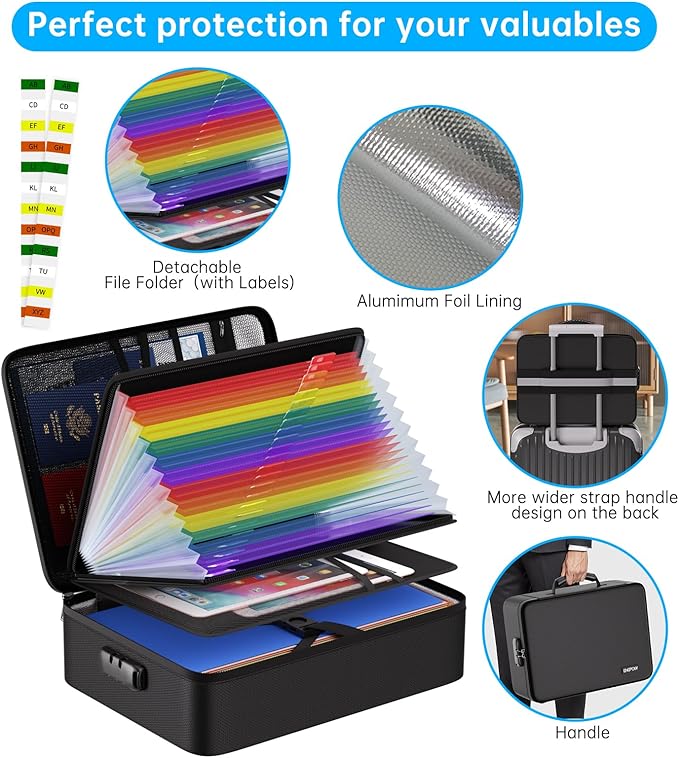 ENGPOW 5200℉ Soft Case Fireproof Document Box with Lock,Fireproof Box with 25 Colorful Pocket Accordion File Folder,Fireproof Water Resistant Safe File Organizer Storage for Important Documents